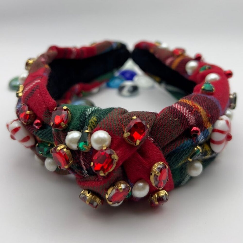 Handmade Knotted Jeweled Headband with Candy Cane Glass Bead Holiday Elegance